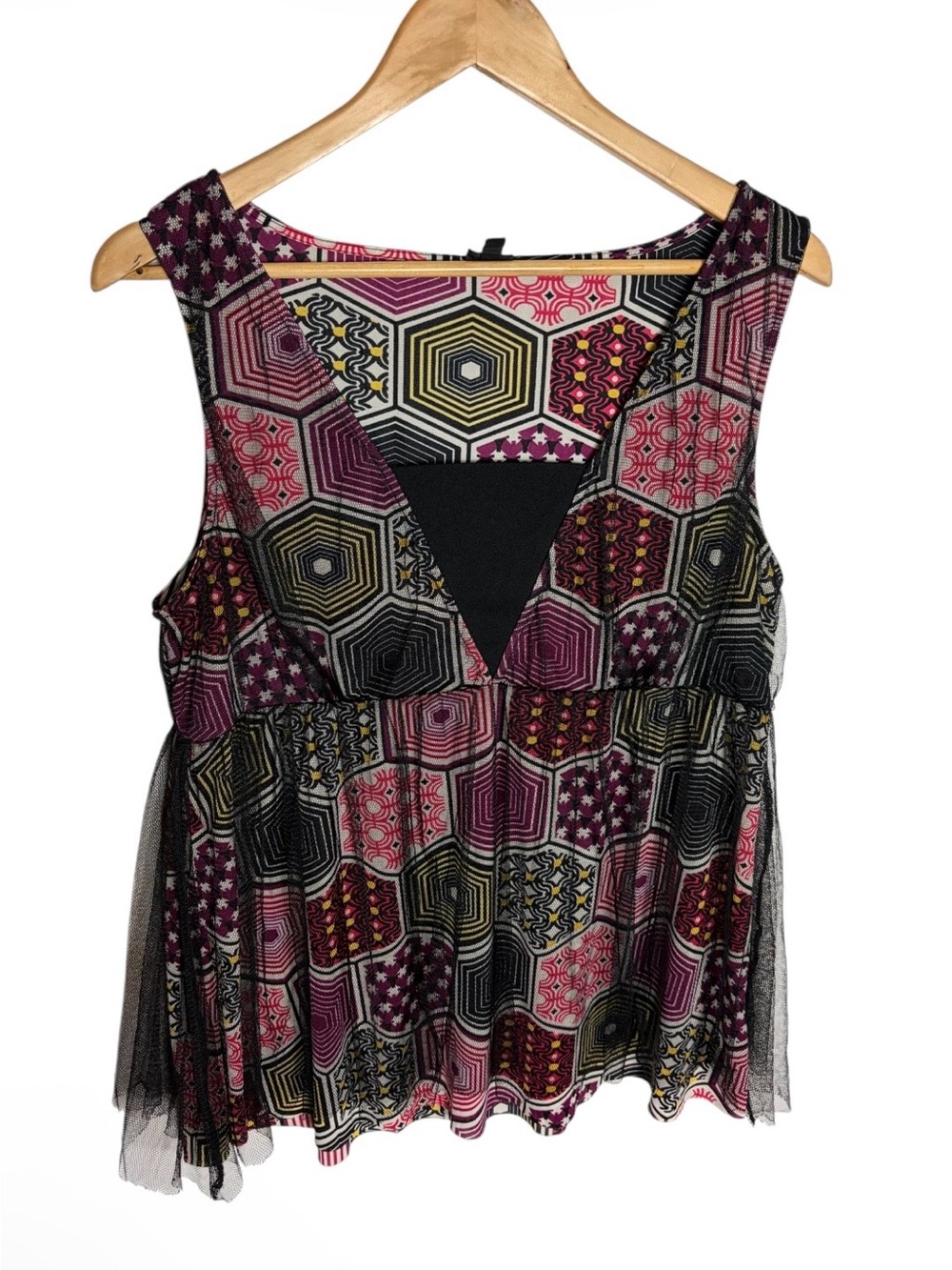 Y2K mod geometric blouse with black tulle mesh layer whimsygoth size XL